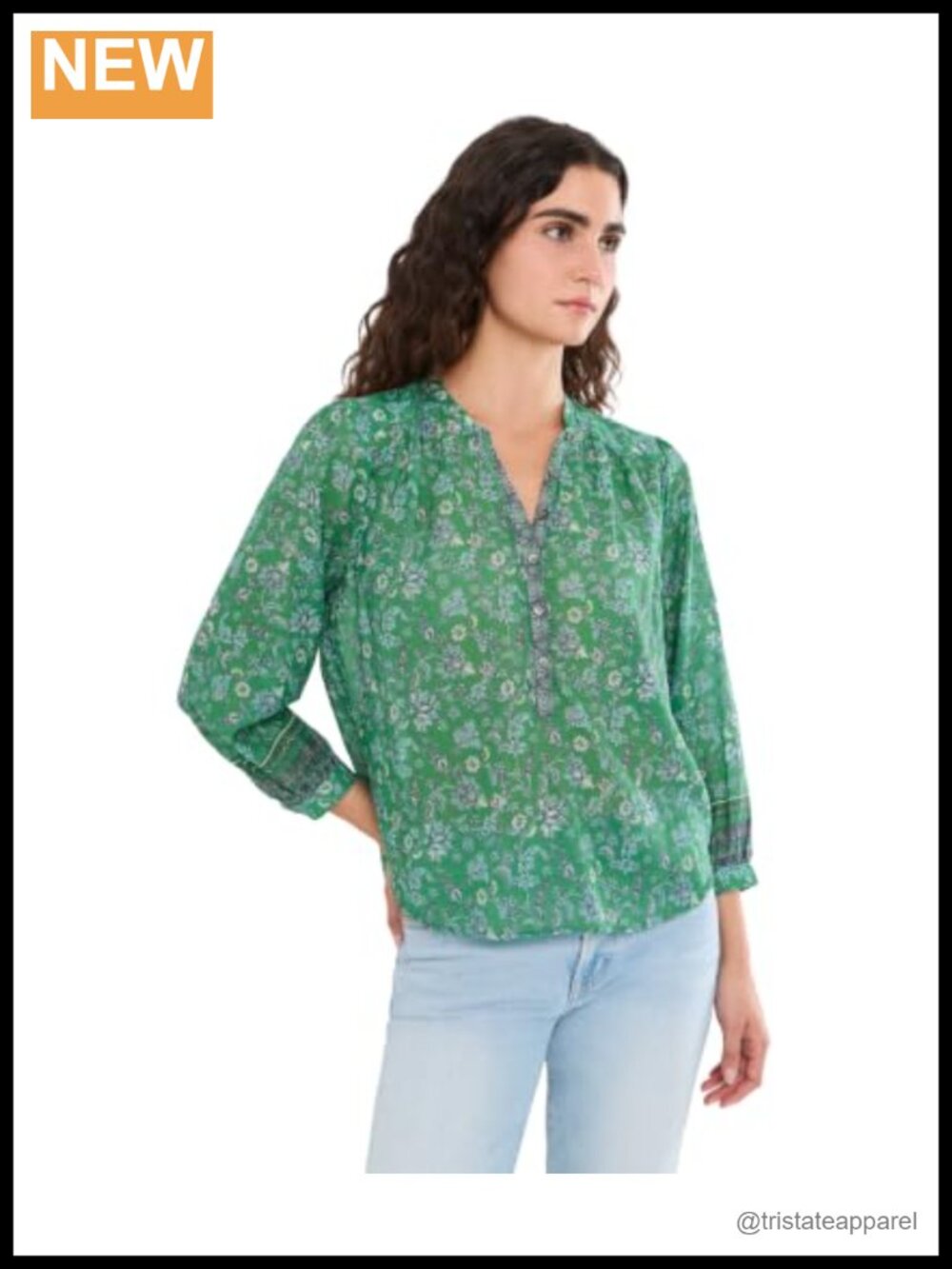 Michael Stars Popover Top 3/4 Sleeve Cotton Notch Neck Relaxed Fit
